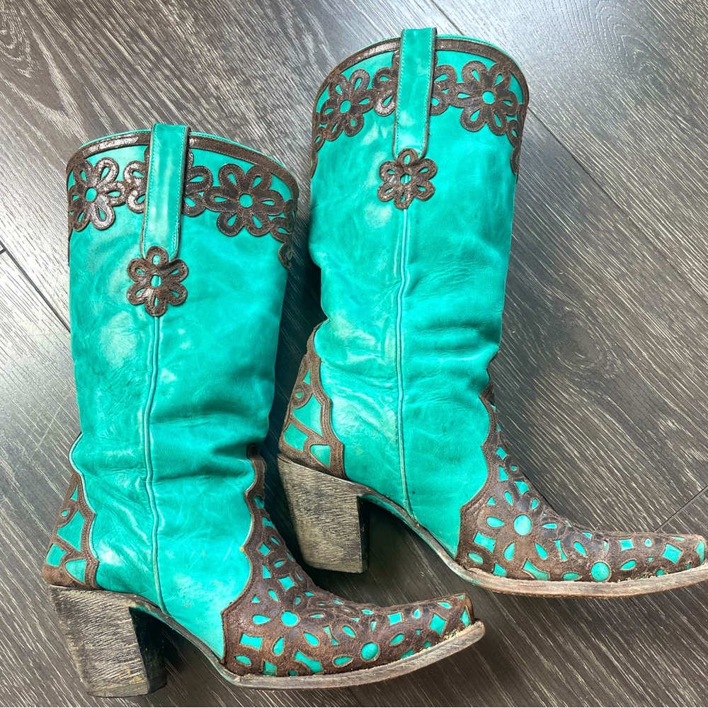 Lane turquoise & brown cowboy boots-size 10